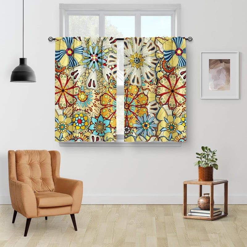 Aimego Boho Floral Kitchen Curtains - Bohemian Colorful Flowers Print Cafe Small Short Tier Window Curtains for Bathroom Living Room Decor Rod Pocket Window Drapes 36 Inch Length Set 28"x36" - Image 2